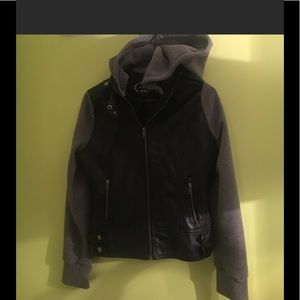 Faux leather jacket with sweatshirt hood and arms